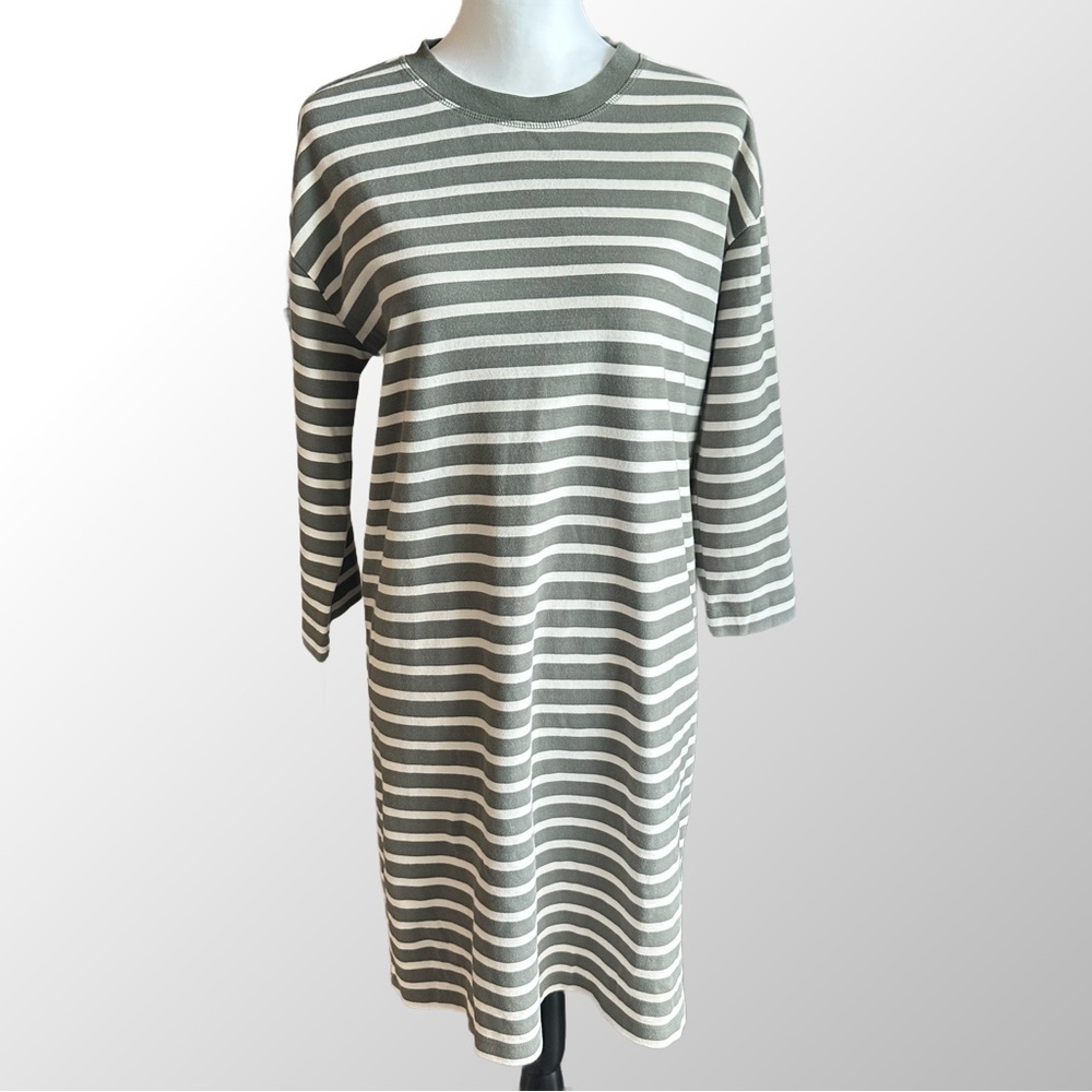Fat Face T-Shirt Dress Womens Size 10 Khaki Green Striped 3/4 Sleeve Cotton
